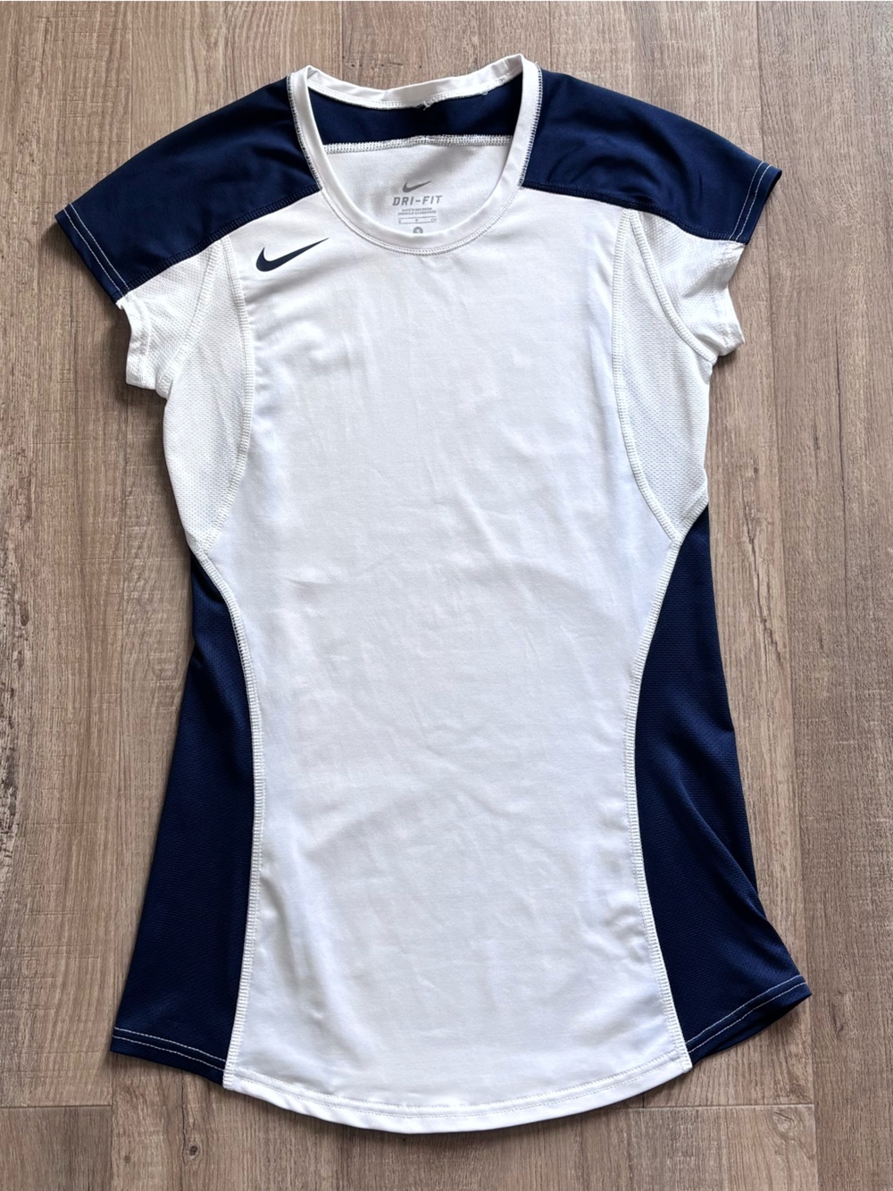 Nike White and Navy Cap Sleeve Jersey Top